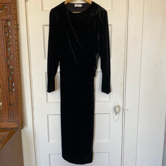 Lacausa Black Velvet Wrap Dress Pockets Long Sleeve Partially Lined Adjustable - Picture 3 of 11